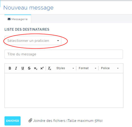 séléctionner un praticien pour envoyer un message